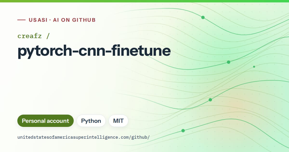 Generated green flowing-wave artwork for creafz/pytorch-cnn-finetune, labeled USASI · AI on GitHub, with Personal account · Python · MIT.