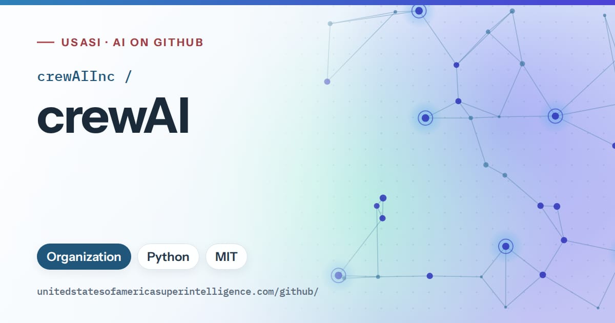 Generated sky blue constellation network artwork for crewAIInc/crewAI, labeled USASI · AI on GitHub, with Organization · Python · MIT.