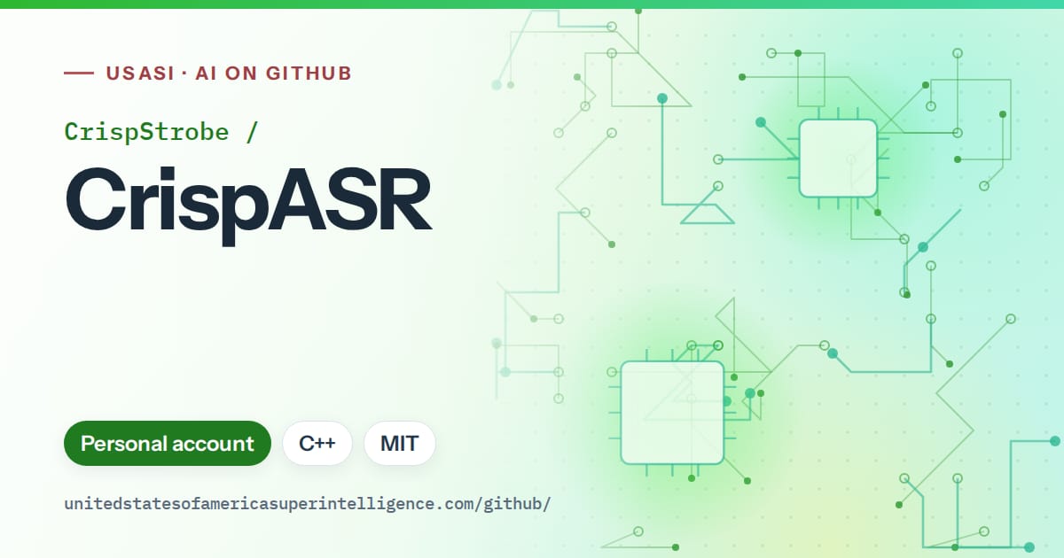 Generated green circuit-trace artwork for CrispStrobe/CrispASR, labeled USASI · AI on GitHub, with Personal account · C++ · MIT.