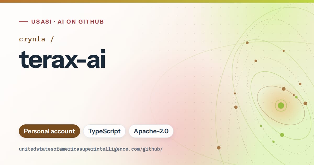 Generated orange orbit artwork for crynta/terax-ai, labeled USASI · AI on GitHub, with Personal account · TypeScript · Apache-2.0.