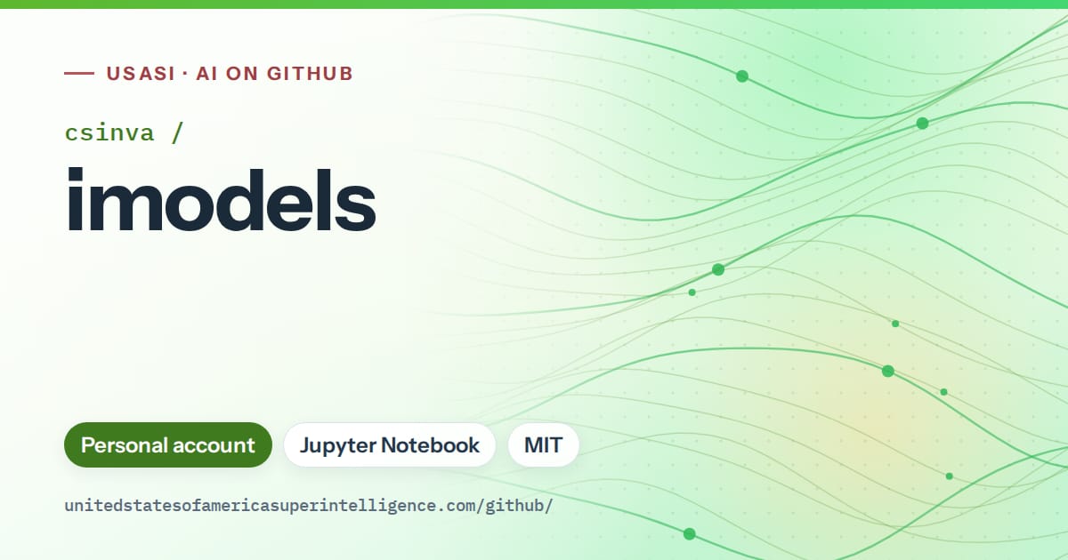 Generated green flowing-wave artwork for csinva/imodels, labeled USASI · AI on GitHub, with Personal account · Jupyter Notebook · MIT.