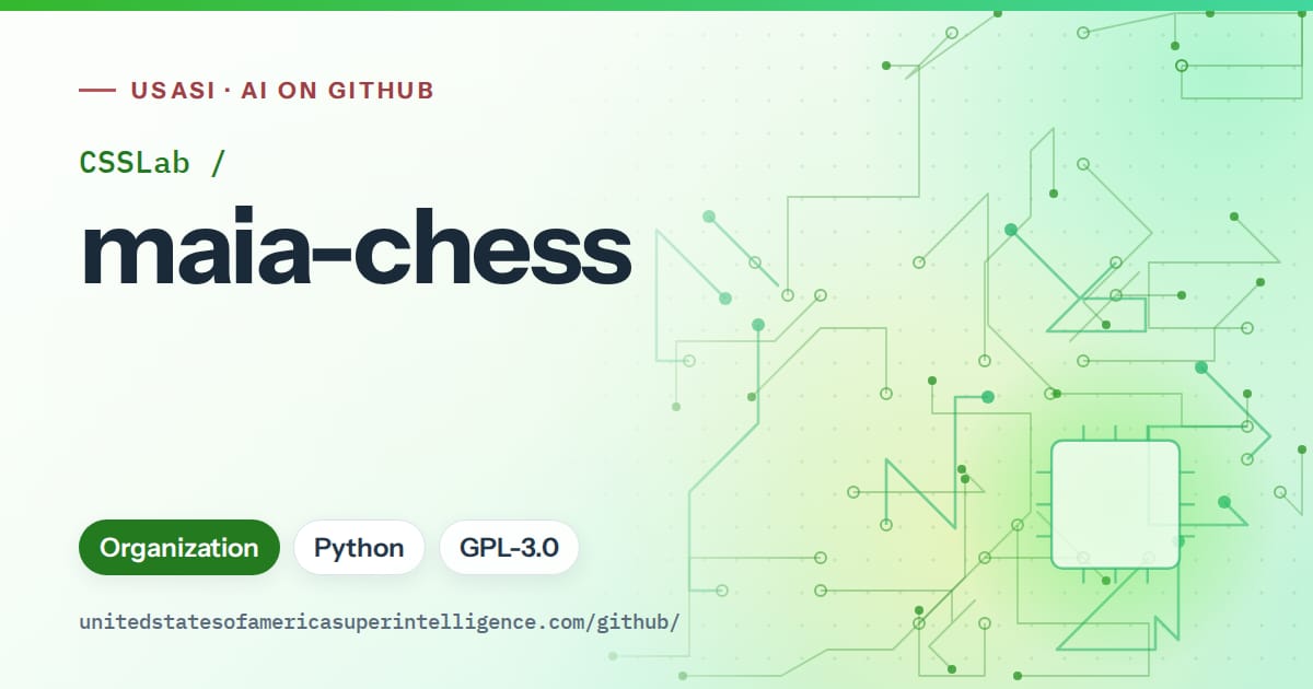 Generated green circuit-trace artwork for CSSLab/maia-chess, labeled USASI · AI on GitHub, with Organization · Python · GPL-3.0.