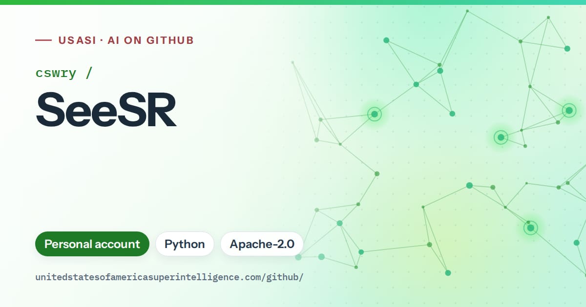 Generated green constellation network artwork for cswry/SeeSR, labeled USASI · AI on GitHub, with Personal account · Python · Apache-2.0.