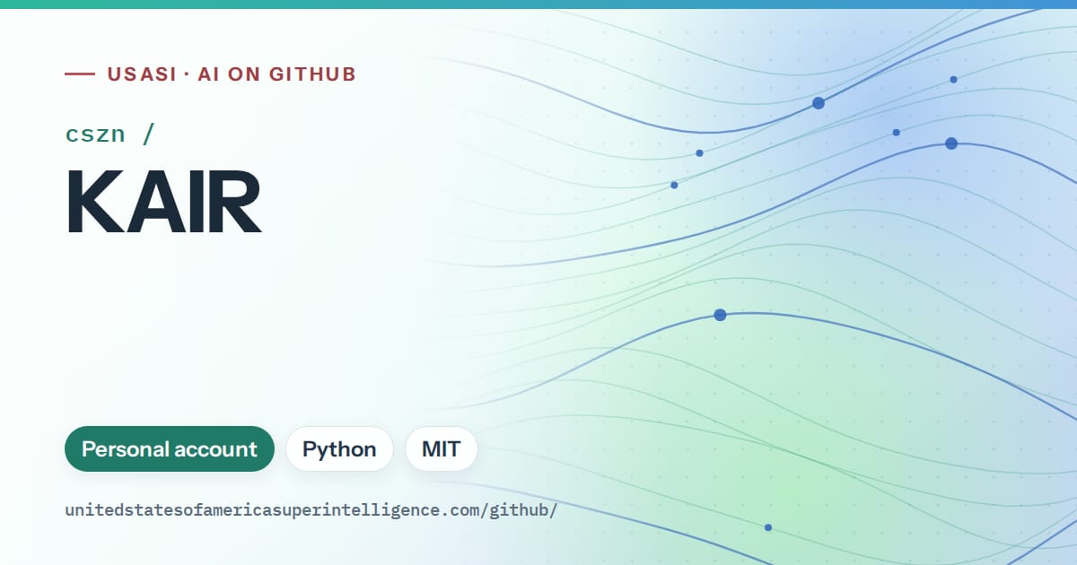 Generated teal flowing-wave artwork for cszn/KAIR, labeled USASI · AI on GitHub, with Personal account · Python · MIT.