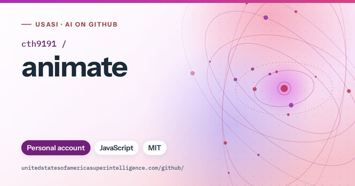 Generated purple orbit artwork for cth9191/animate, labeled USASI · AI on GitHub, with Personal account · JavaScript · MIT.