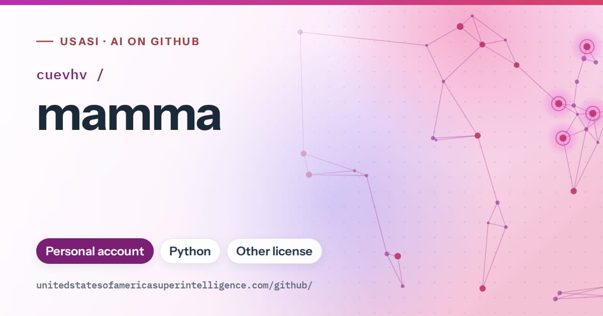 Generated purple constellation network artwork for cuevhv/mamma, labeled USASI · AI on GitHub, with Personal account · Python · Other license.