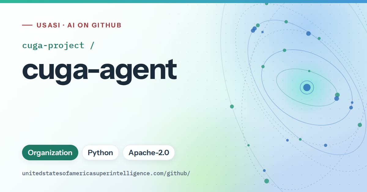 Generated teal orbit artwork for cuga-project/cuga-agent, labeled USASI · AI on GitHub, with Organization · Python · Apache-2.0.
