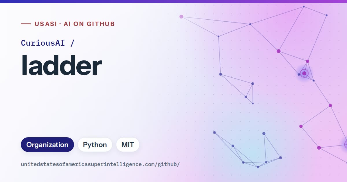 Generated blue constellation network artwork for CuriousAI/ladder, labeled USASI · AI on GitHub, with Organization · Python · MIT.