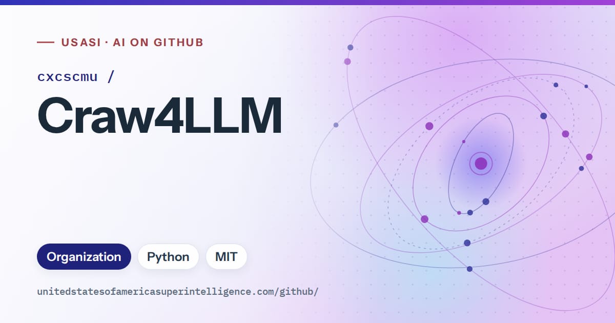 Generated blue orbit artwork for cxcscmu/Craw4LLM, labeled USASI · AI on GitHub, with Organization · Python · MIT.