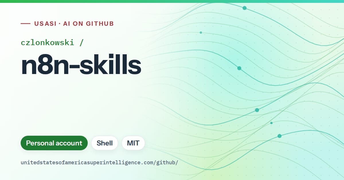 Generated green flowing-wave artwork for czlonkowski/n8n-skills, labeled USASI · AI on GitHub, with Personal account · Shell · MIT.
