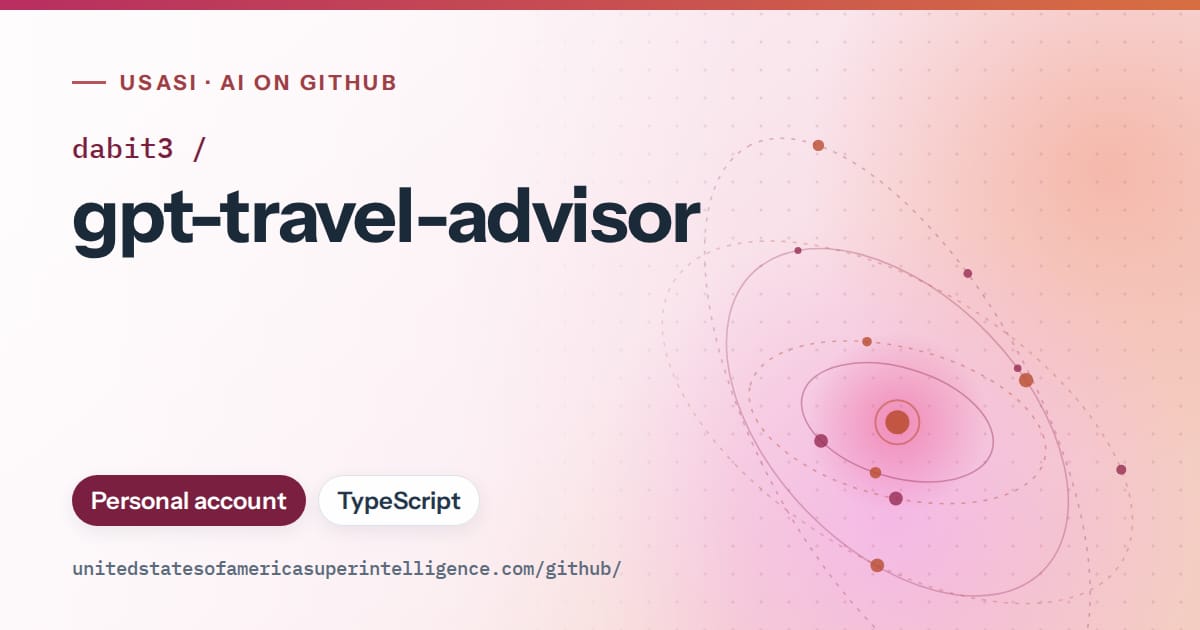 Generated pink orbit artwork for dabit3/gpt-travel-advisor, labeled USASI · AI on GitHub, with Personal account · TypeScript.