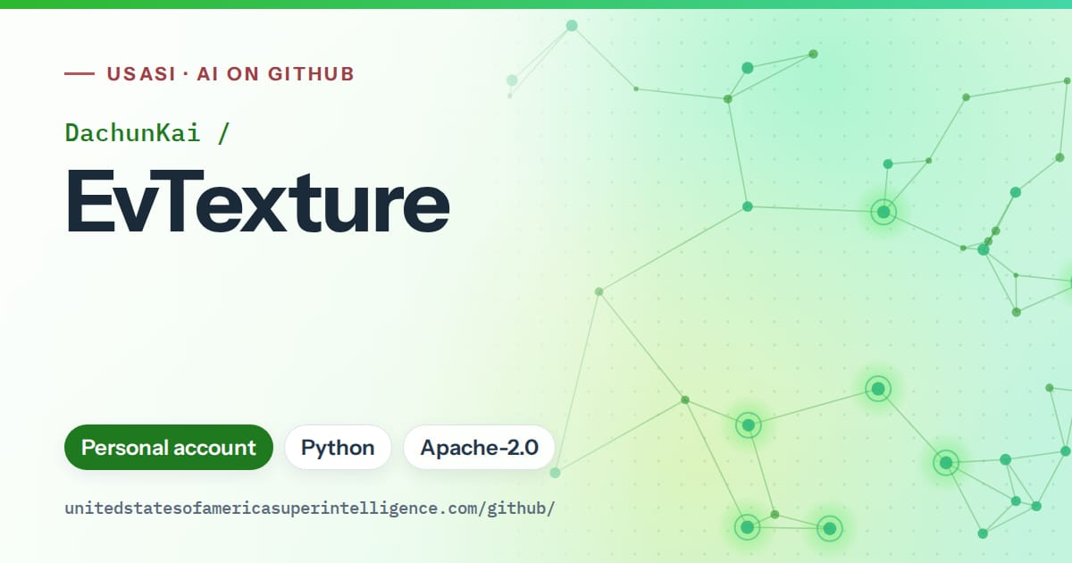 Generated green constellation network artwork for DachunKai/EvTexture, labeled USASI · AI on GitHub, with Personal account · Python · Apache-2.0.