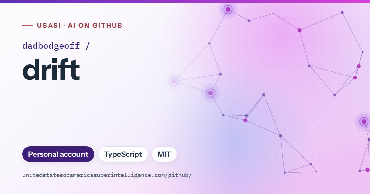 Generated violet constellation network artwork for dadbodgeoff/drift, labeled USASI · AI on GitHub, with Personal account · TypeScript · MIT.