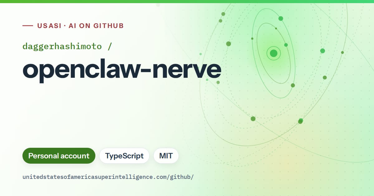 Generated green orbit artwork for daggerhashimoto/openclaw-nerve, labeled USASI · AI on GitHub, with Personal account · TypeScript · MIT.