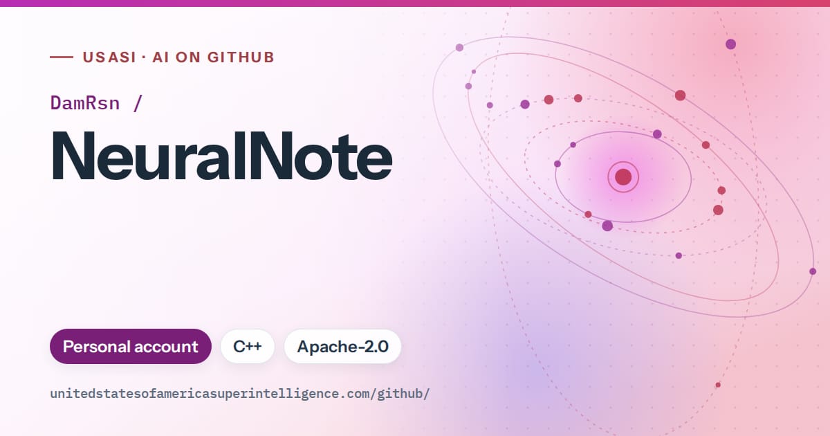 Generated purple orbit artwork for DamRsn/NeuralNote, labeled USASI · AI on GitHub, with Personal account · C++ · Apache-2.0.