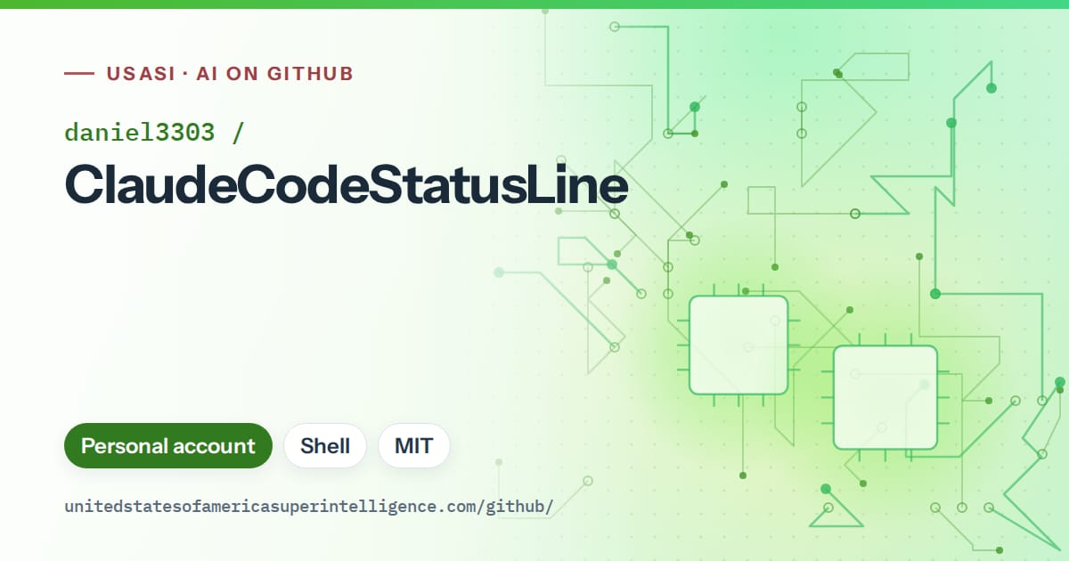 Generated green circuit-trace artwork for daniel3303/ClaudeCodeStatusLine, labeled USASI · AI on GitHub, with Personal account · Shell · MIT.