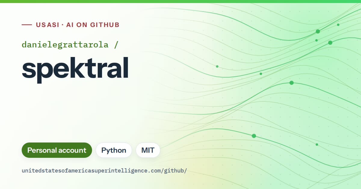 Generated green flowing-wave artwork for danielegrattarola/spektral, labeled USASI · AI on GitHub, with Personal account · Python · MIT.