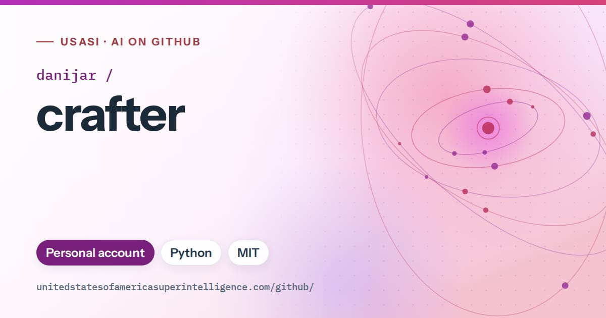 Generated purple orbit artwork for danijar/crafter, labeled USASI · AI on GitHub, with Personal account · Python · MIT.