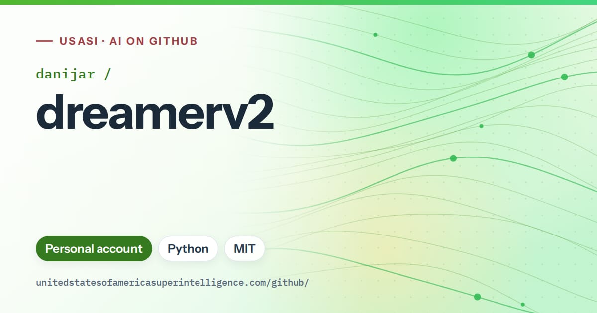 Generated green flowing-wave artwork for danijar/dreamerv2, labeled USASI · AI on GitHub, with Personal account · Python · MIT.