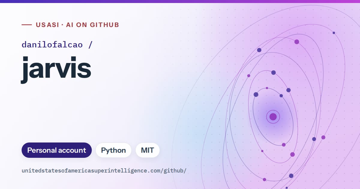 Generated violet orbit artwork for danilofalcao/jarvis, labeled USASI · AI on GitHub, with Personal account · Python · MIT.