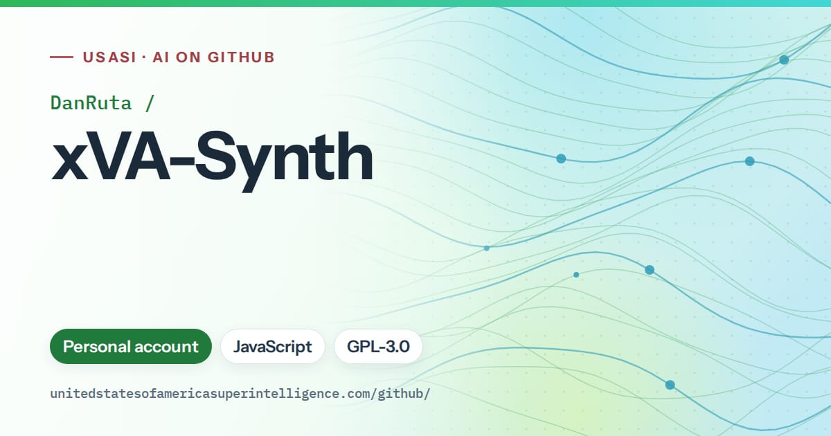 Generated green flowing-wave artwork for DanRuta/xVA-Synth, labeled USASI · AI on GitHub, with Personal account · JavaScript · GPL-3.0.