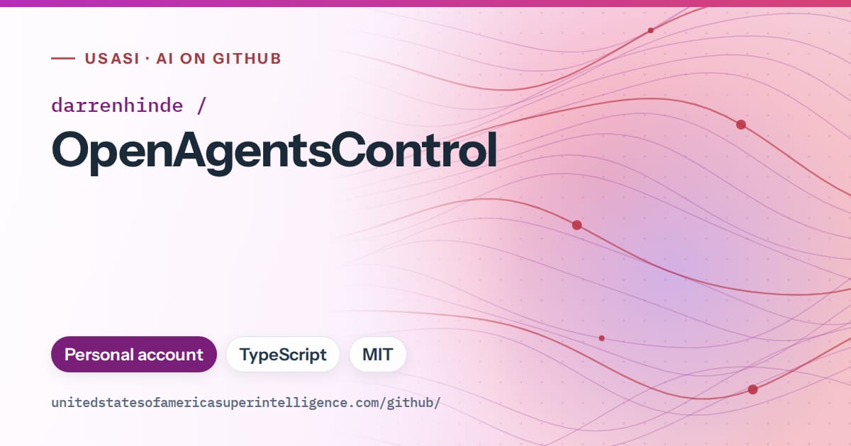 Generated purple flowing-wave artwork for darrenhinde/OpenAgentsControl, labeled USASI · AI on GitHub, with Personal account · TypeScript · MIT.
