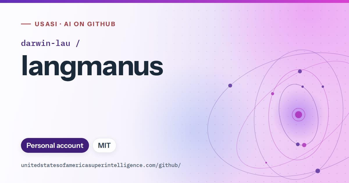 Generated violet orbit artwork for darwin-lau/langmanus, labeled USASI · AI on GitHub, with Personal account · MIT.