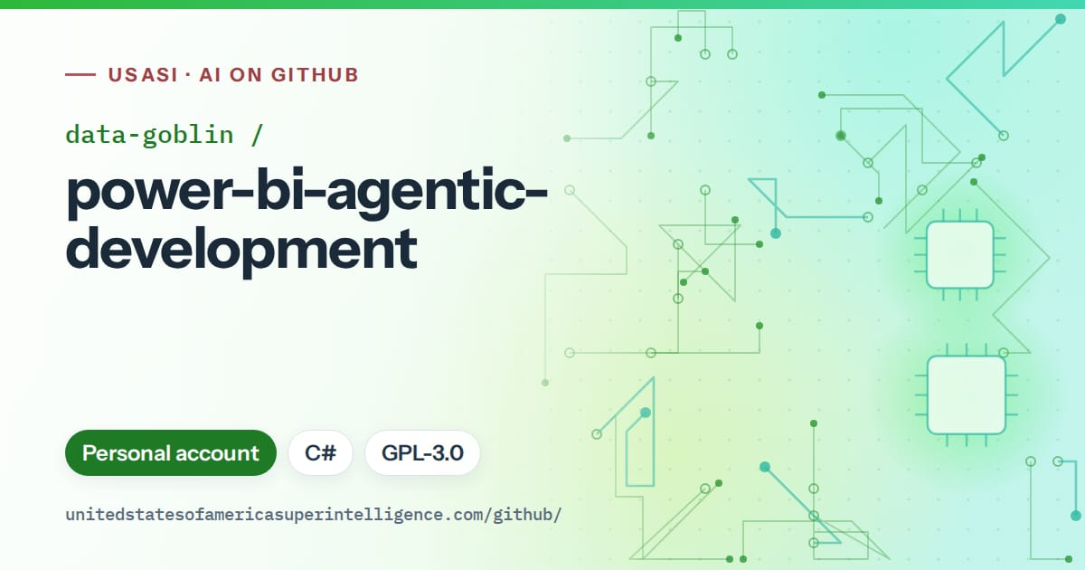 Generated green circuit-trace artwork for data-goblin/power-bi-agentic-development, labeled USASI · AI on GitHub, with Personal account · C# · GPL-3.0.