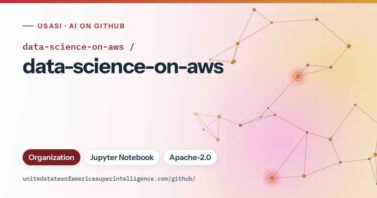 Generated red constellation network artwork for data-science-on-aws/data-science-on-aws, labeled USASI · AI on GitHub, with Organization · Jupyter Notebook · Apache-2.0.