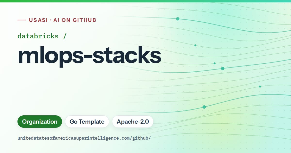 Generated green flowing-wave artwork for databricks/mlops-stacks, labeled USASI · AI on GitHub, with Organization · Go Template · Apache-2.0.