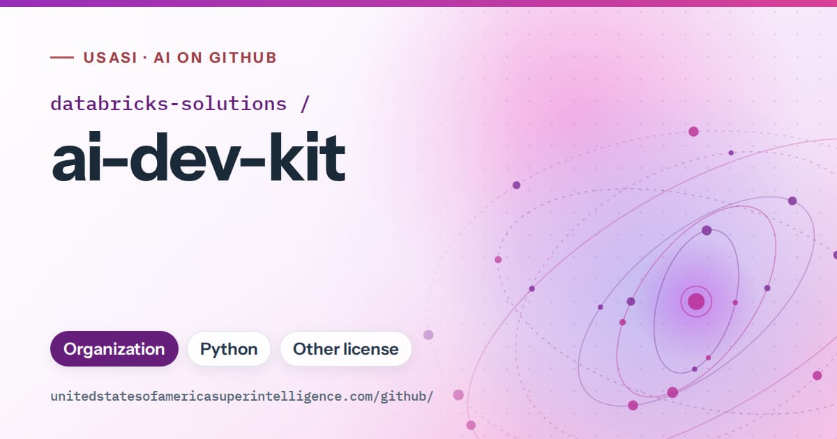 Generated purple orbit artwork for databricks-solutions/ai-dev-kit, labeled USASI · AI on GitHub, with Organization · Python · Other license.