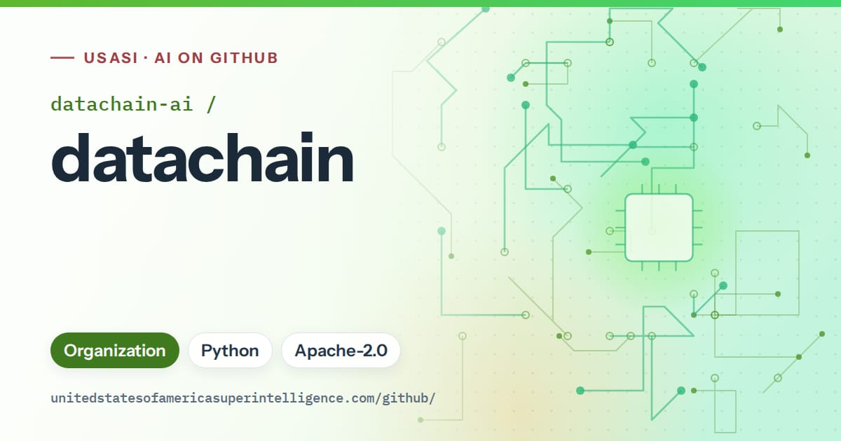 Generated green circuit-trace artwork for datachain-ai/datachain, labeled USASI · AI on GitHub, with Organization · Python · Apache-2.0.