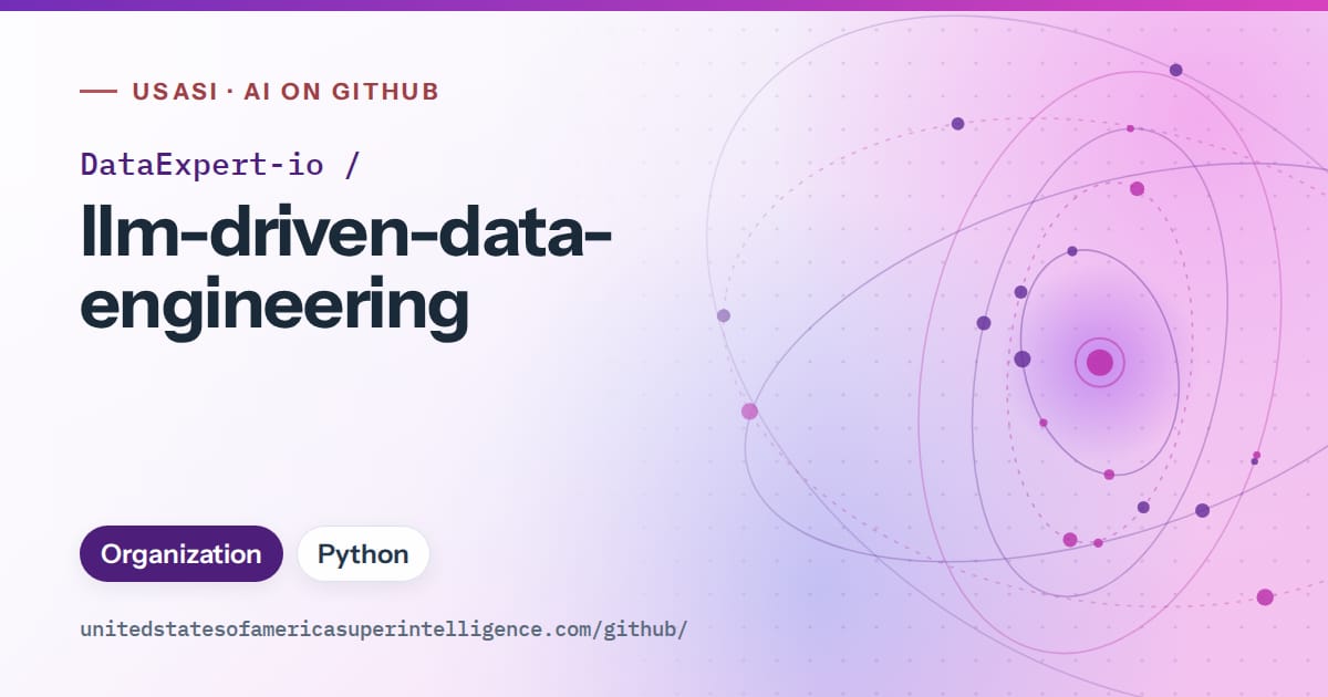 Generated violet orbit artwork for DataExpert-io/llm-driven-data-engineering, labeled USASI · AI on GitHub, with Organization · Python.