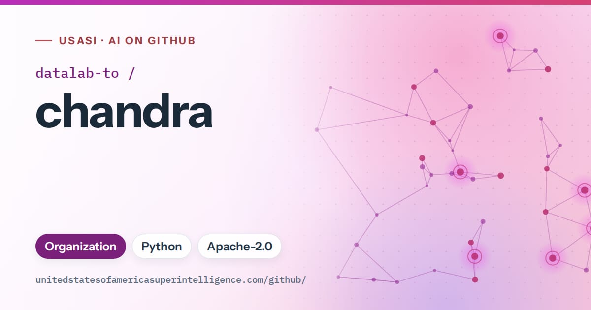 Generated purple constellation network artwork for datalab-to/chandra, labeled USASI · AI on GitHub, with Organization · Python · Apache-2.0.
