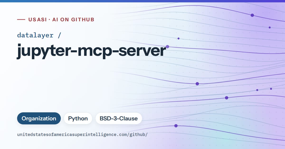 Generated sky blue flowing-wave artwork for datalayer/jupyter-mcp-server, labeled USASI · AI on GitHub, with Organization · Python · BSD-3-Clause.