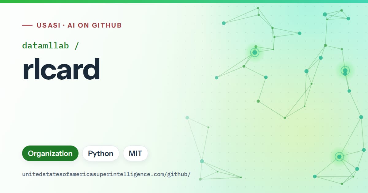 Generated green constellation network artwork for datamllab/rlcard, labeled USASI · AI on GitHub, with Organization · Python · MIT.