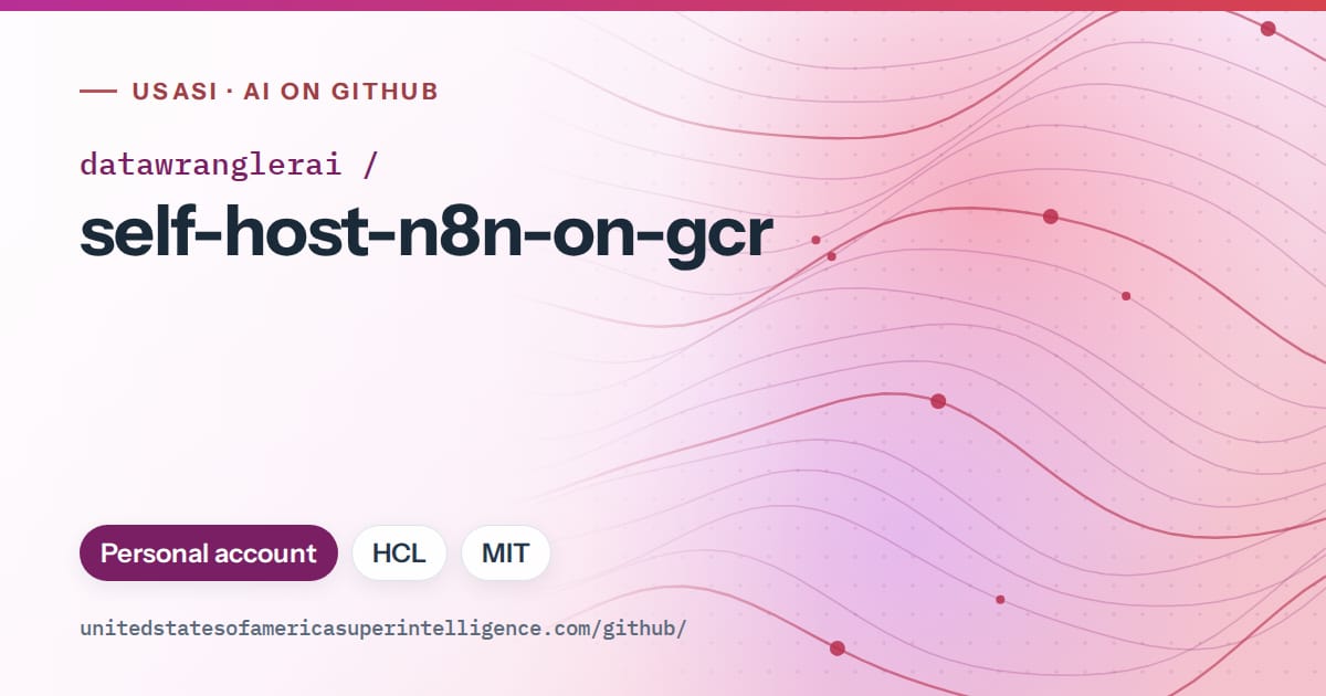 Generated purple flowing-wave artwork for datawranglerai/self-host-n8n-on-gcr, labeled USASI · AI on GitHub, with Personal account · HCL · MIT.