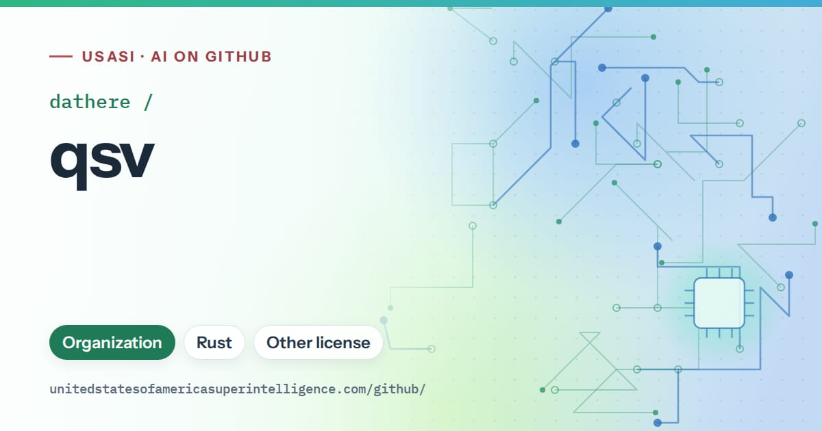 Generated teal circuit-trace artwork for dathere/qsv, labeled USASI · AI on GitHub, with Organization · Rust · Other license.
