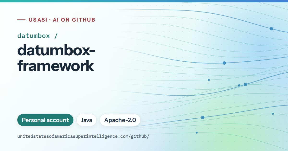 Generated teal flowing-wave artwork for datumbox/datumbox-framework, labeled USASI · AI on GitHub, with Personal account · Java · Apache-2.0.