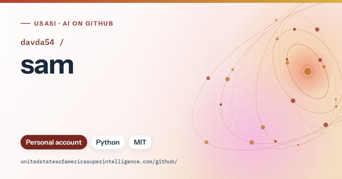 Generated red orbit artwork for davda54/sam, labeled USASI · AI on GitHub, with Personal account · Python · MIT.