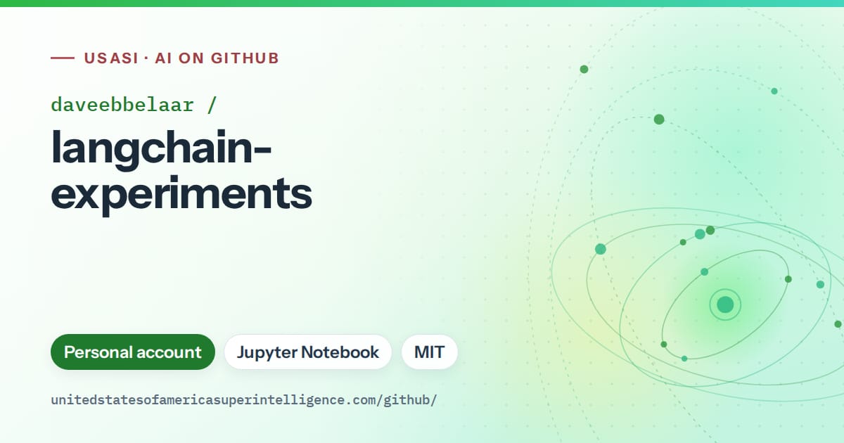 Generated green orbit artwork for daveebbelaar/langchain-experiments, labeled USASI · AI on GitHub, with Personal account · Jupyter Notebook · MIT.