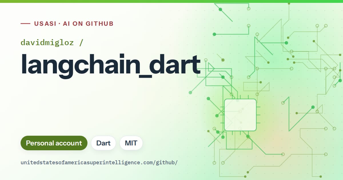 Generated green circuit-trace artwork for davidmigloz/langchain_dart, labeled USASI · AI on GitHub, with Personal account · Dart · MIT.