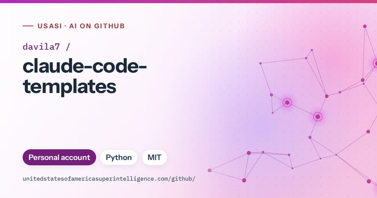 Generated purple constellation network artwork for davila7/claude-code-templates, labeled USASI · AI on GitHub, with Personal account · Python · MIT.