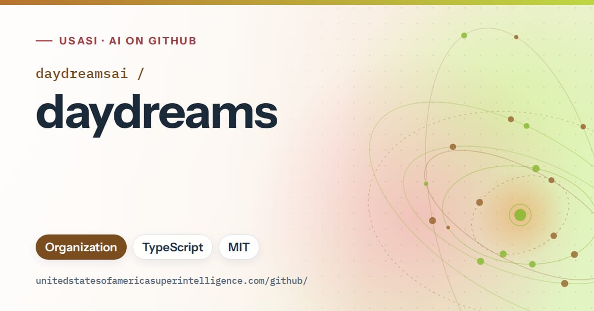 Generated orange orbit artwork for daydreamsai/daydreams, labeled USASI · AI on GitHub, with Organization · TypeScript · MIT.