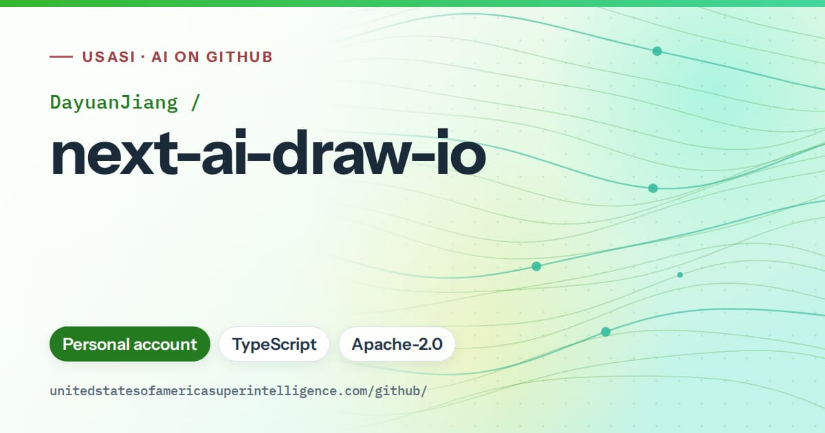 Generated green flowing-wave artwork for DayuanJiang/next-ai-draw-io, labeled USASI · AI on GitHub, with Personal account · TypeScript · Apache-2.0.