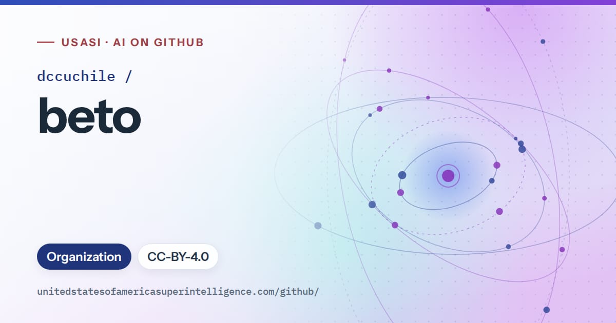 Generated blue orbit artwork for dccuchile/beto, labeled USASI · AI on GitHub, with Organization · CC-BY-4.0.