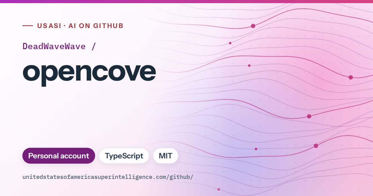 Generated purple flowing-wave artwork for DeadWaveWave/opencove, labeled USASI · AI on GitHub, with Personal account · TypeScript · MIT.