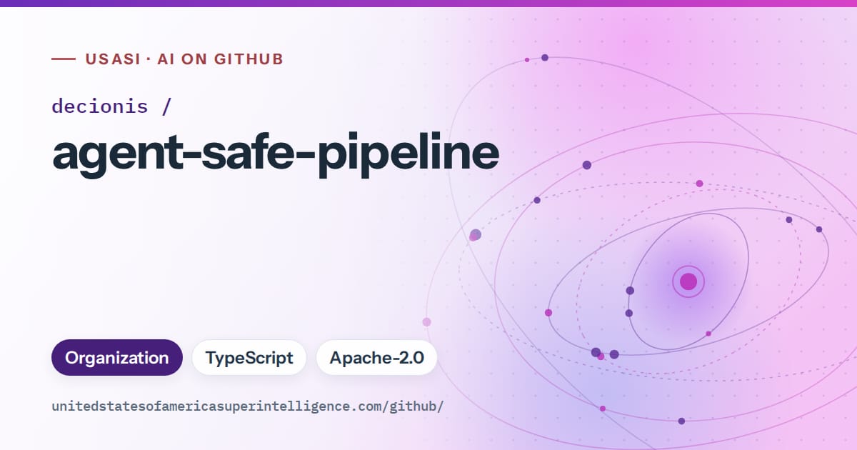 Generated violet orbit artwork for decionis/agent-safe-pipeline, labeled USASI · AI on GitHub, with Organization · TypeScript · Apache-2.0.