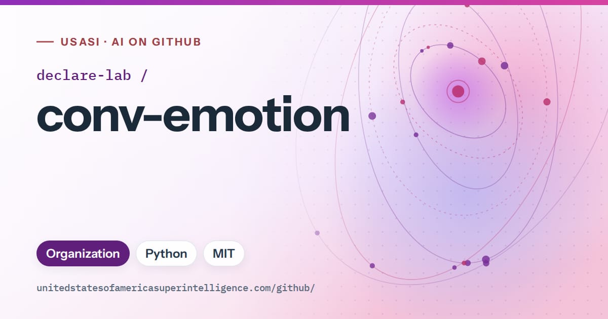 Generated violet orbit artwork for declare-lab/conv-emotion, labeled USASI · AI on GitHub, with Organization · Python · MIT.