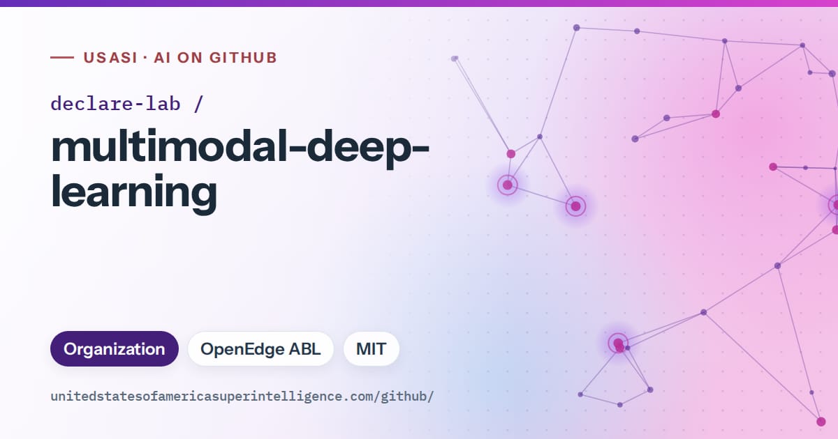 Generated violet constellation network artwork for declare-lab/multimodal-deep-learning, labeled USASI · AI on GitHub, with Organization · OpenEdge ABL · MIT.
